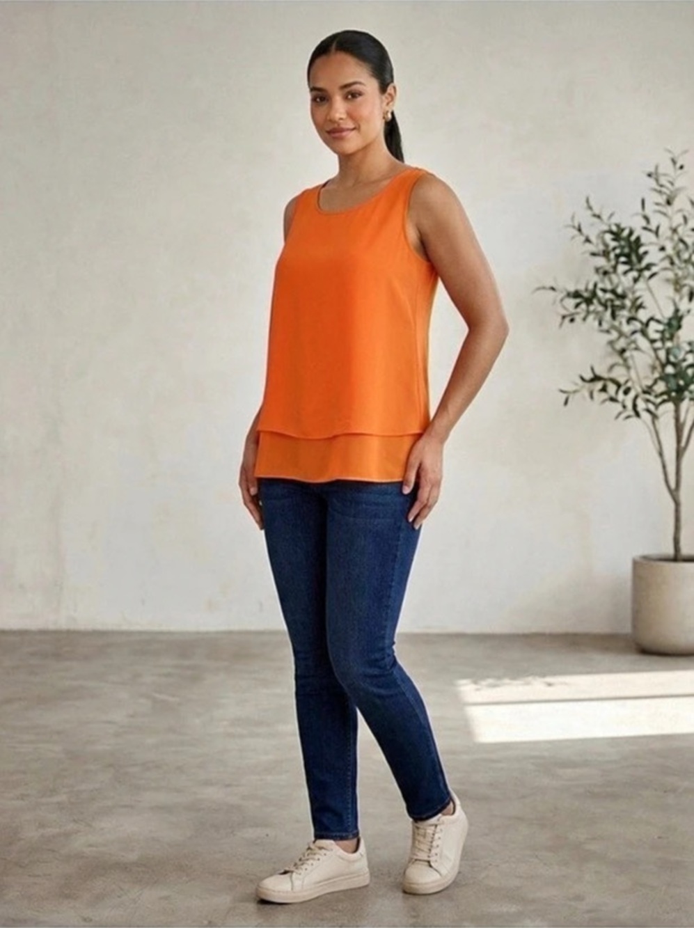 Jouica Women's Sleeveless Chiffon Double Layer Tank Top Orange Medium